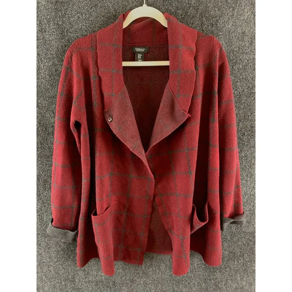 Jones & Co Women’s Windowpane Plaid Sweater Jacket Red & Grey Size M
